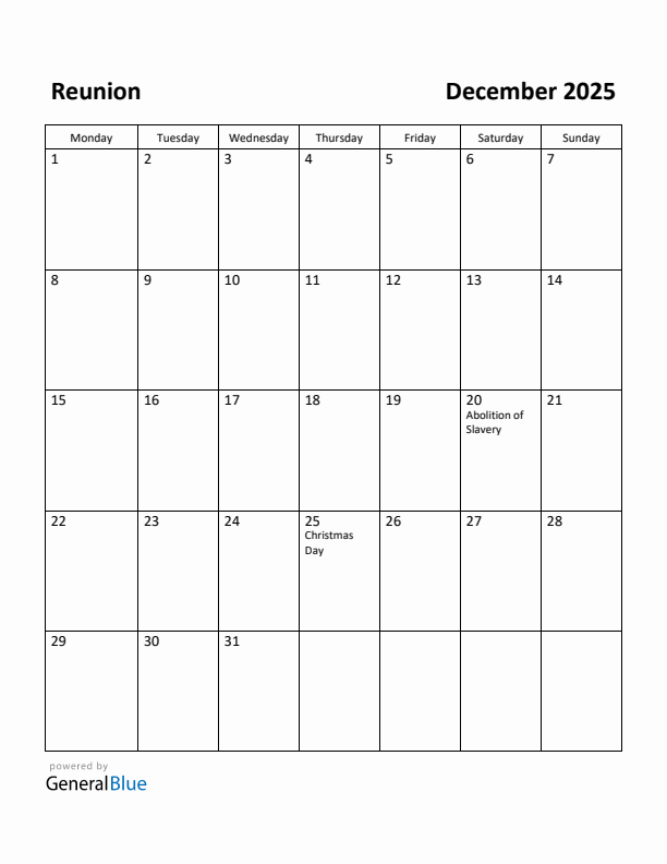 December 2025 Calendar with Reunion Holidays