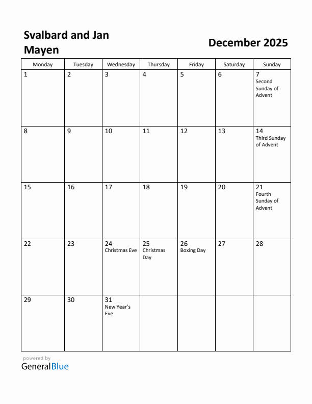 December 2025 Calendar with Svalbard and Jan Mayen Holidays