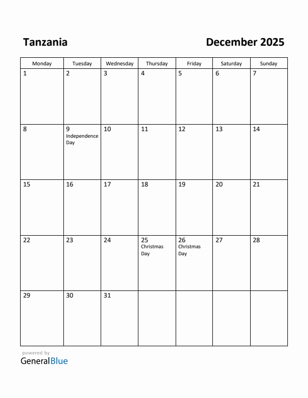 December 2025 Calendar with Tanzania Holidays