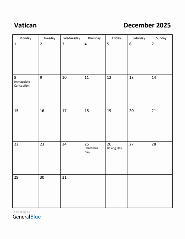 December 2025 Calendar with Vatican Holidays