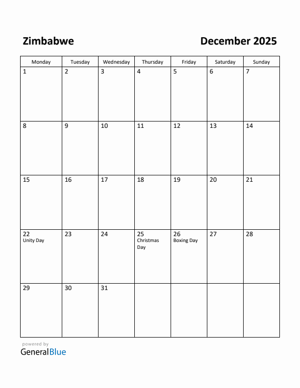 December 2025 Calendar with Zimbabwe Holidays