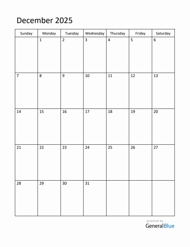 Sunday Start Calendar for December 2025