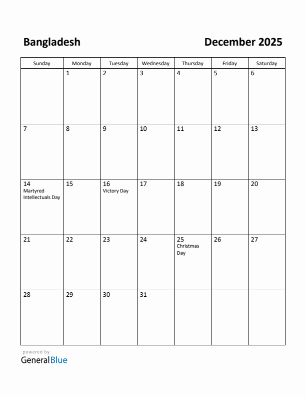 December 2025 Calendar with Bangladesh Holidays