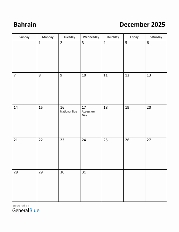 December 2025 Calendar with Bahrain Holidays