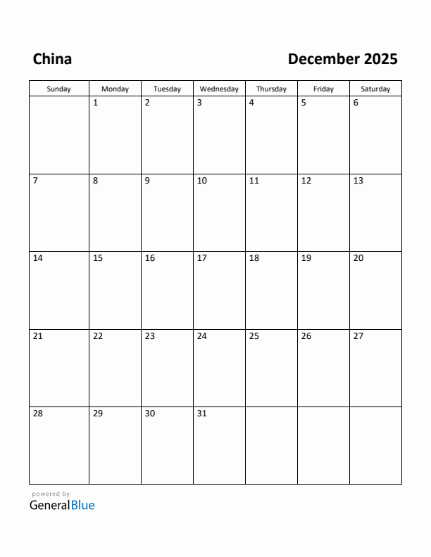 December 2025 Calendar with China Holidays