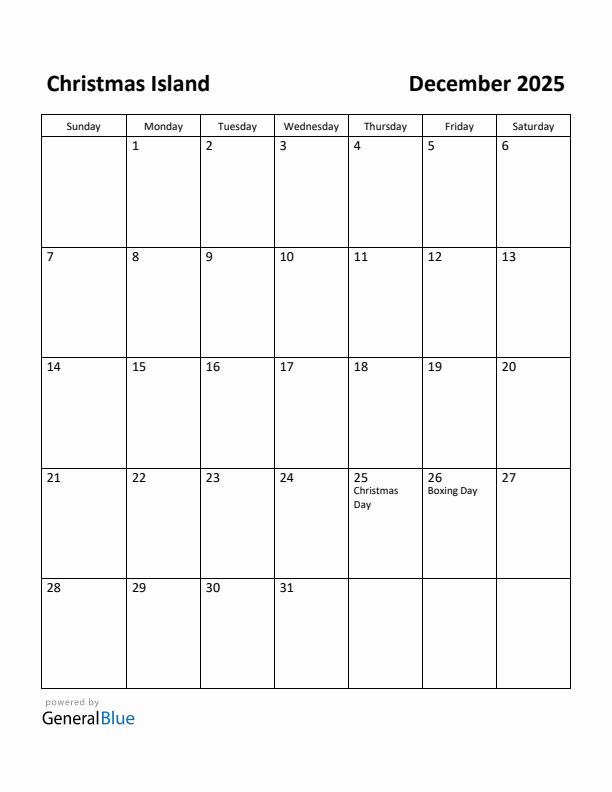 December 2025 Calendar with Christmas Island Holidays