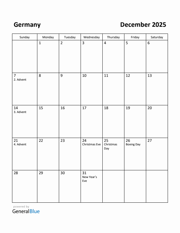 December 2025 Calendar with Germany Holidays