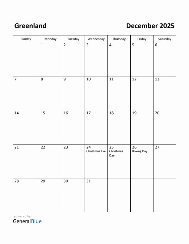 December 2025 Calendar with Greenland Holidays