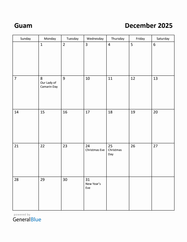 December 2025 Calendar with Guam Holidays