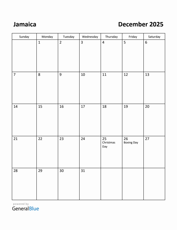 December 2025 Calendar with Jamaica Holidays