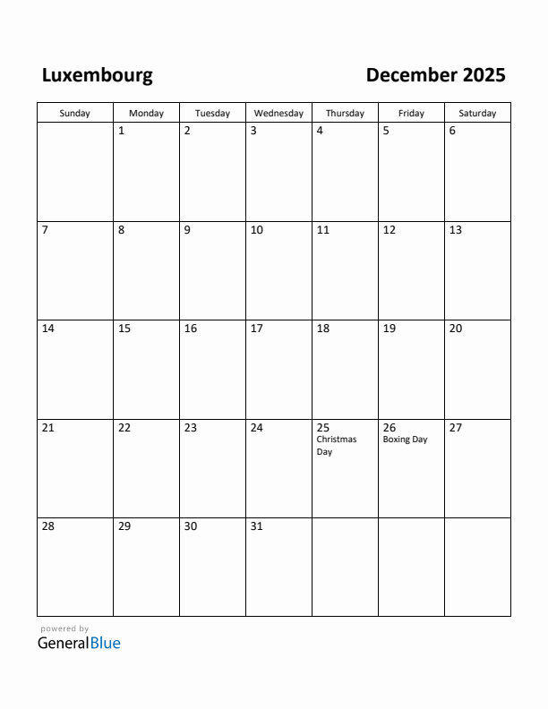 December 2025 Calendar with Luxembourg Holidays