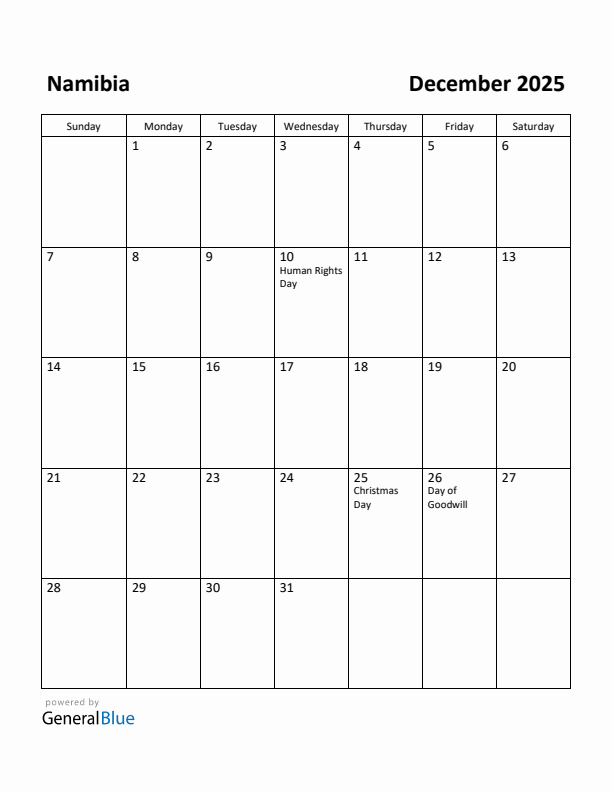 December 2025 Calendar with Namibia Holidays