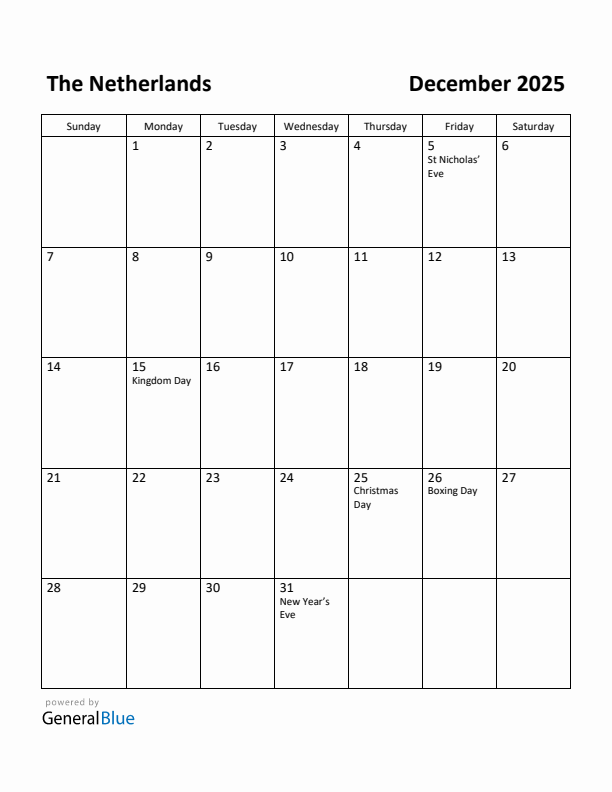 December 2025 Calendar with The Netherlands Holidays