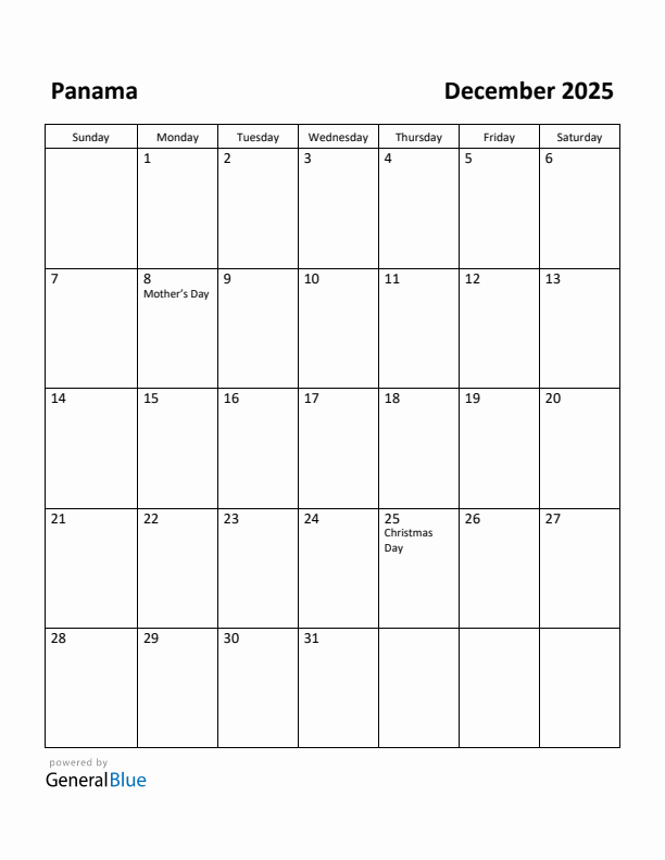 December 2025 Calendar with Panama Holidays