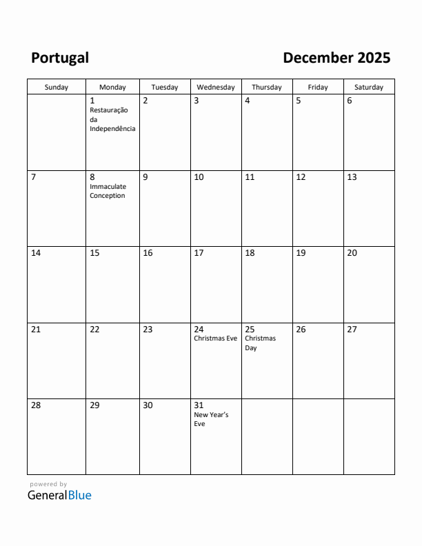 December 2025 Calendar with Portugal Holidays