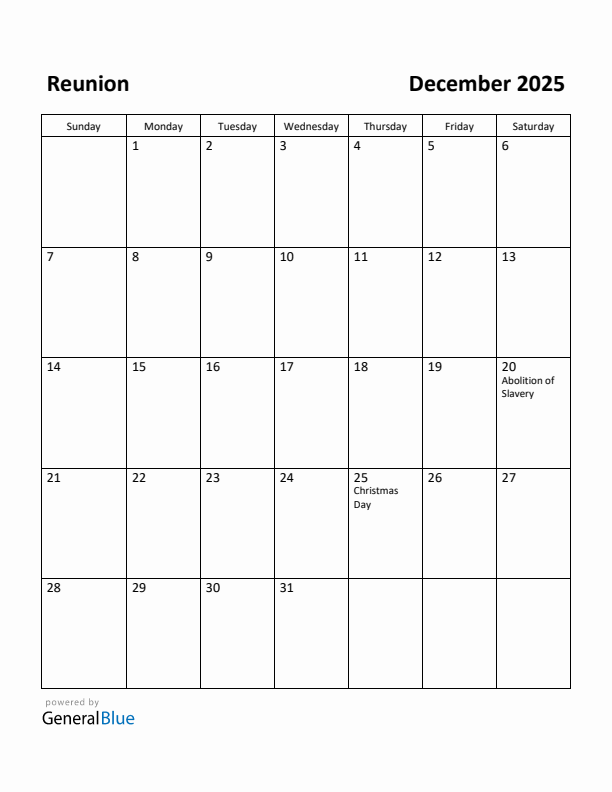 December 2025 Calendar with Reunion Holidays