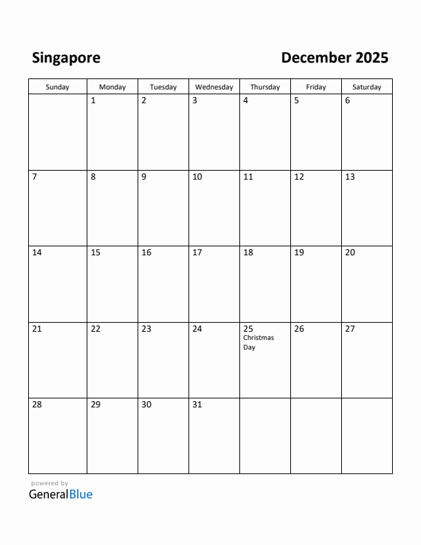 December 2025 Calendar with Singapore Holidays