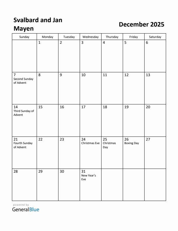 December 2025 Calendar with Svalbard and Jan Mayen Holidays