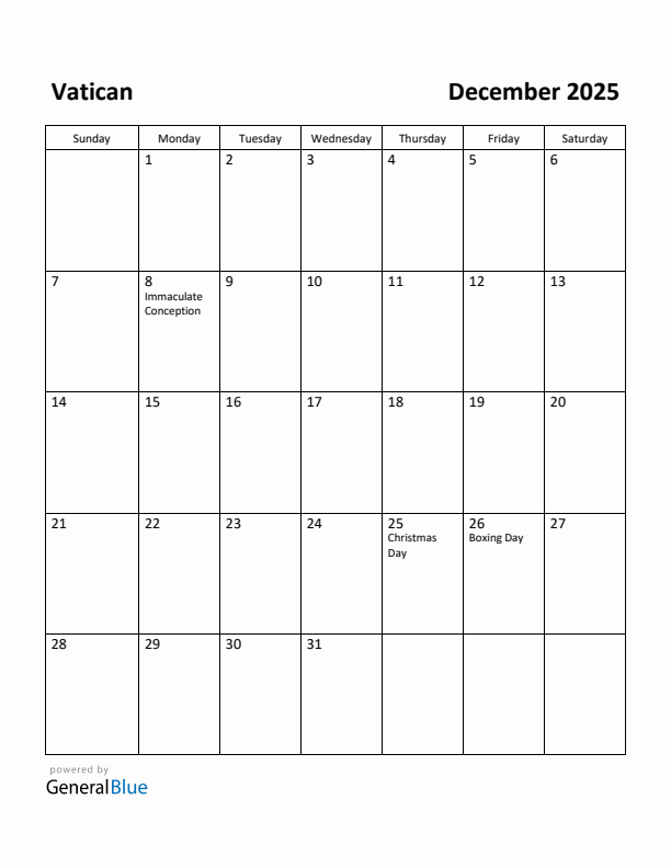 December 2025 Calendar with Vatican Holidays