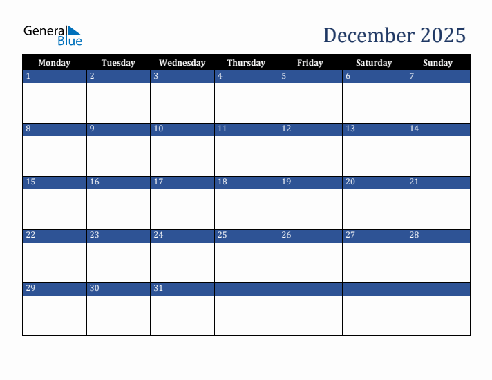 Monday Start Calendar for December 2025