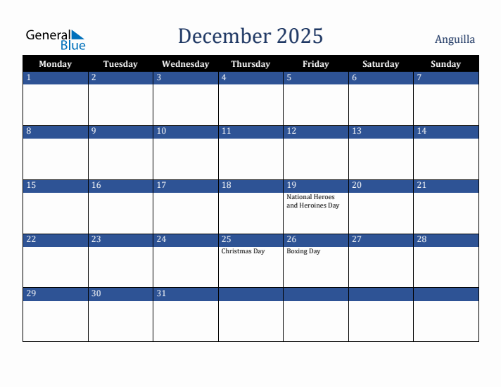 December 2025 Anguilla Calendar (Monday Start)