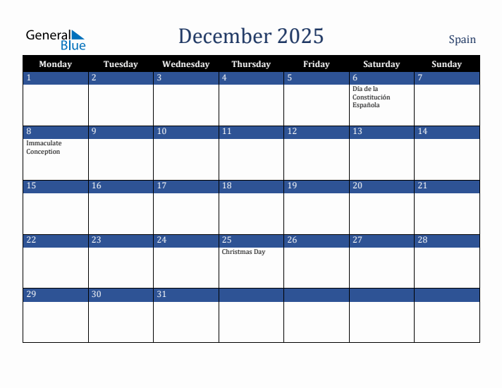 December 2025 Spain Calendar (Monday Start)