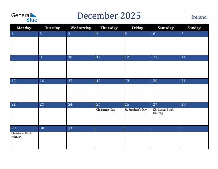 December 2025 Ireland Calendar (Monday Start)