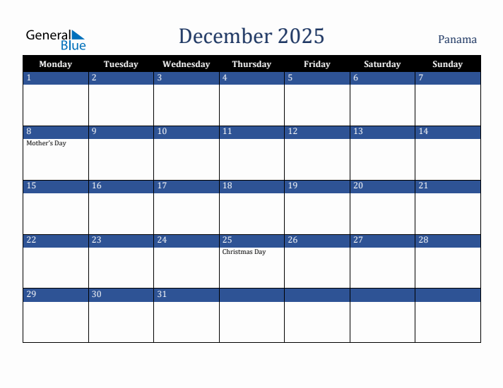 December 2025 Panama Calendar (Monday Start)