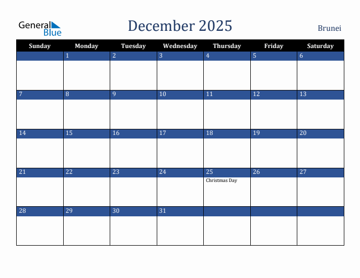 December 2025 Brunei Calendar (Sunday Start)