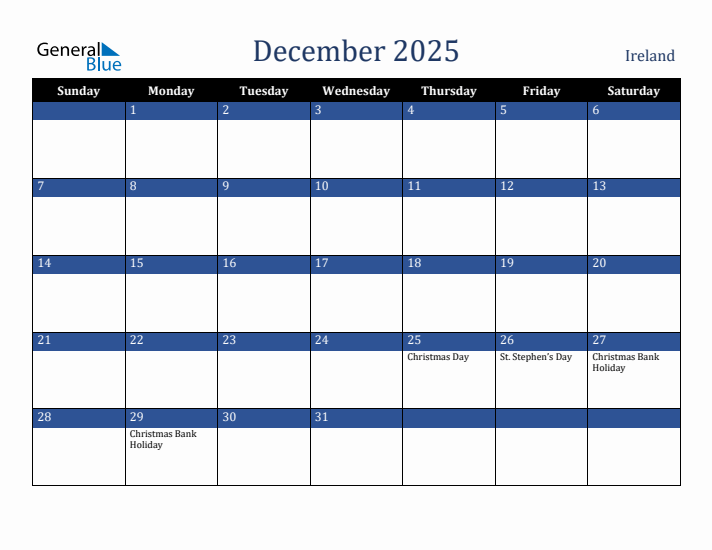 December 2025 Ireland Calendar (Sunday Start)