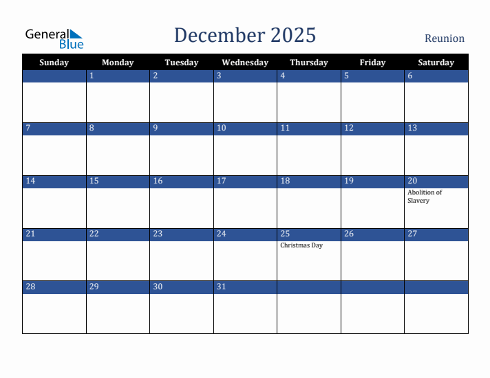 December 2025 Reunion Calendar (Sunday Start)