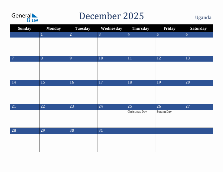 December 2025 Uganda Calendar (Sunday Start)