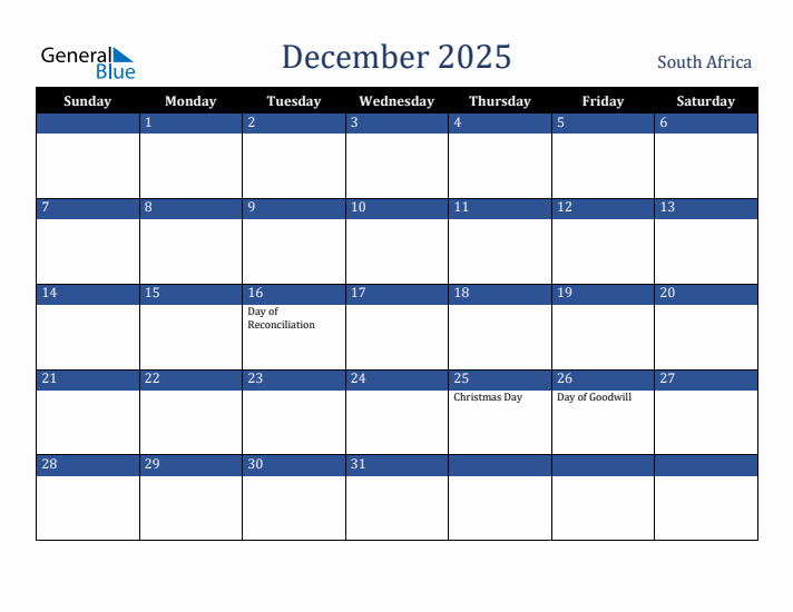 December 2025 South Africa Calendar (Sunday Start)