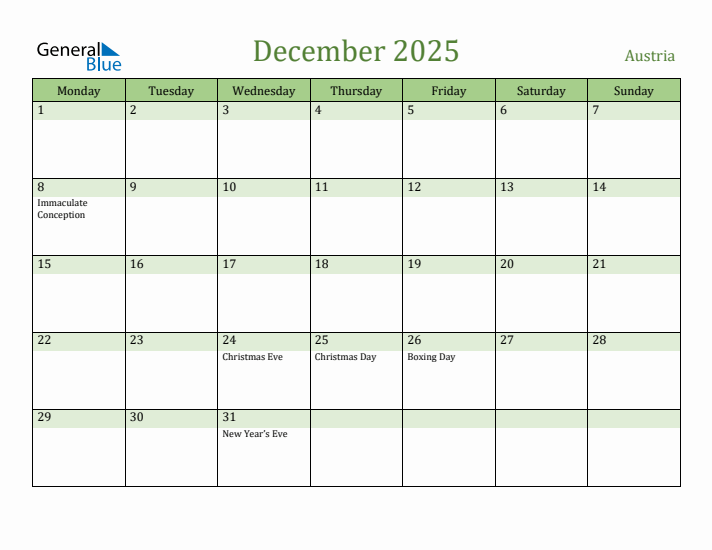 December 2025 Calendar with Austria Holidays