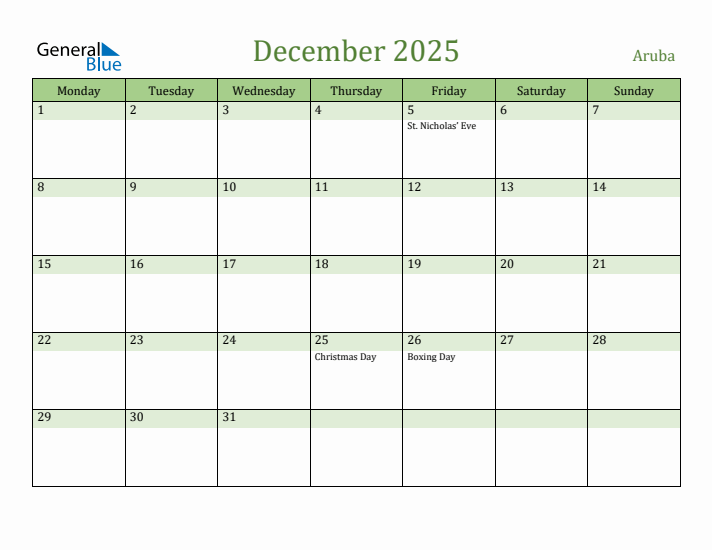 December 2025 Calendar with Aruba Holidays