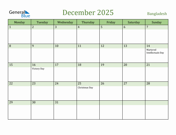 December 2025 Calendar with Bangladesh Holidays