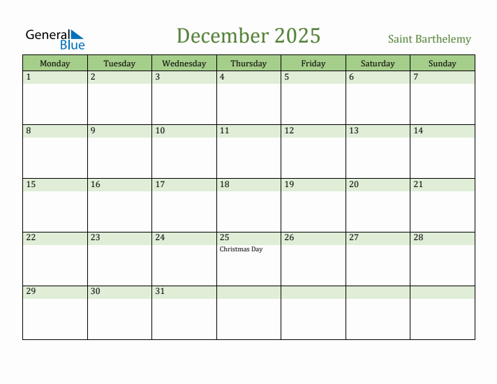 December 2025 Calendar with Saint Barthelemy Holidays