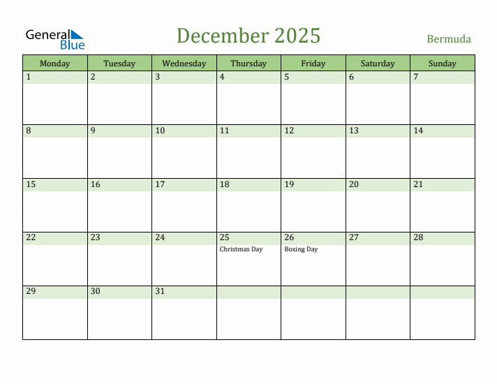 December 2025 Calendar with Bermuda Holidays