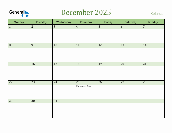 December 2025 Calendar with Belarus Holidays