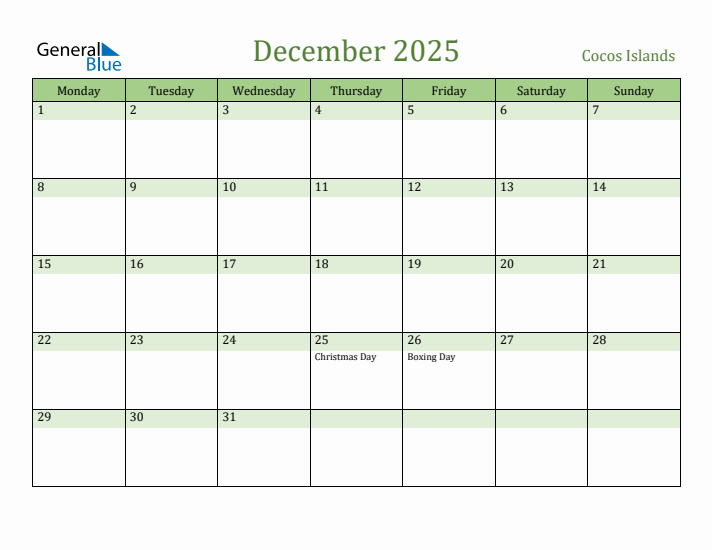 December 2025 Calendar with Cocos Islands Holidays