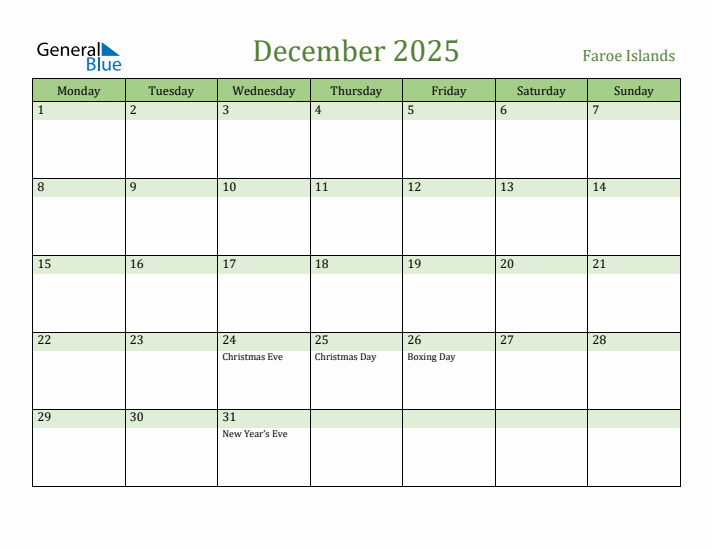 December 2025 Calendar with Faroe Islands Holidays