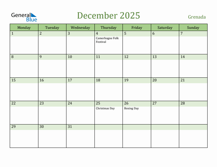 December 2025 Calendar with Grenada Holidays