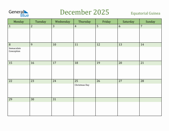 December 2025 Calendar with Equatorial Guinea Holidays