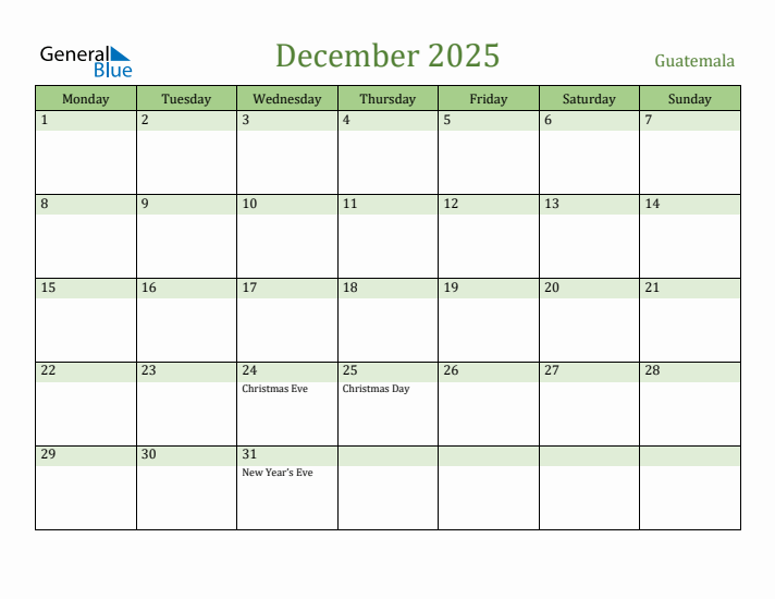 December 2025 Calendar with Guatemala Holidays