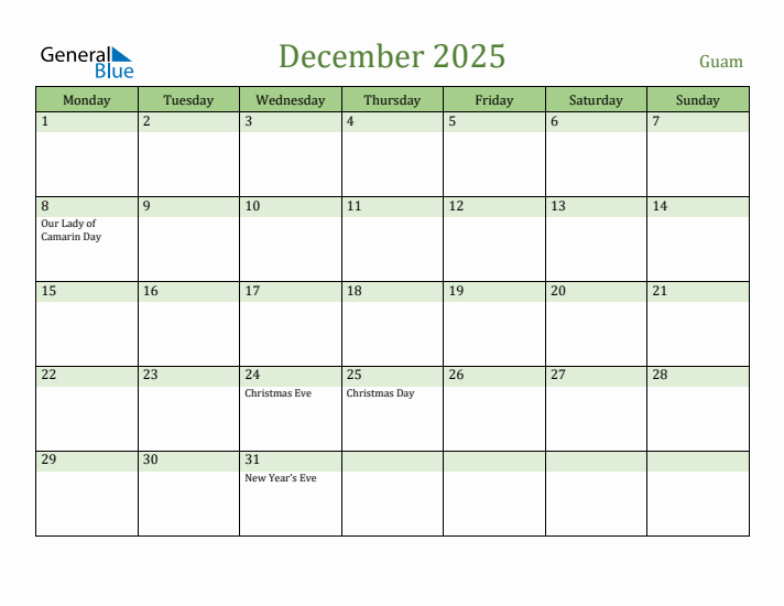 December 2025 Calendar with Guam Holidays