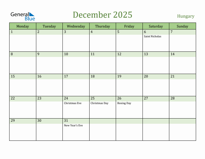 December 2025 Calendar with Hungary Holidays