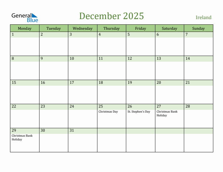 December 2025 Calendar with Ireland Holidays