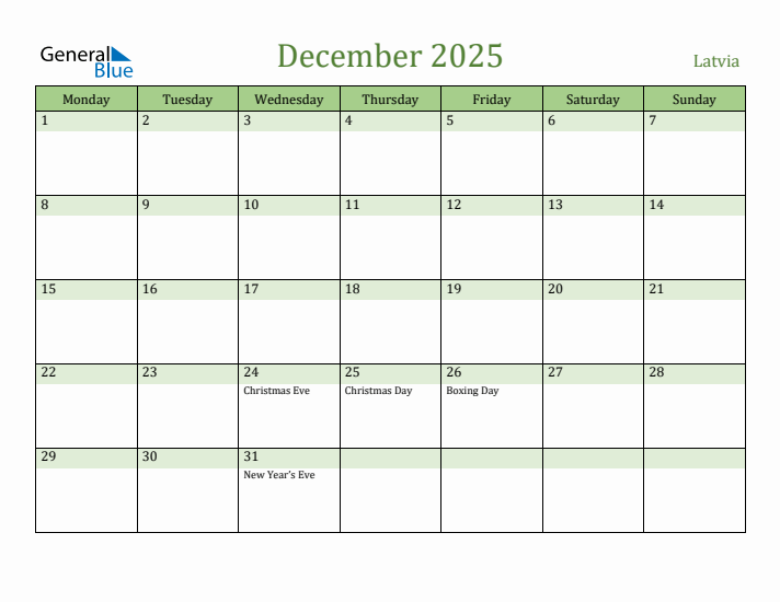 December 2025 Calendar with Latvia Holidays