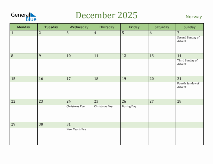 December 2025 Calendar with Norway Holidays