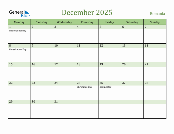 December 2025 Calendar with Romania Holidays